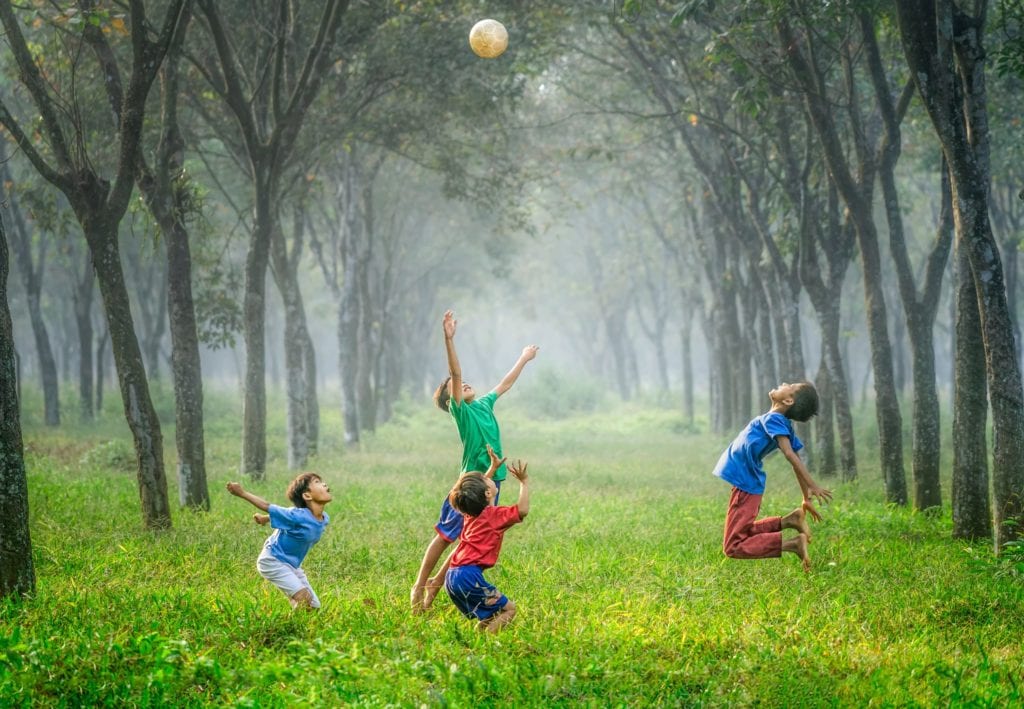four-children-jumping-in-long-green-grass-with-trees-behind-them.